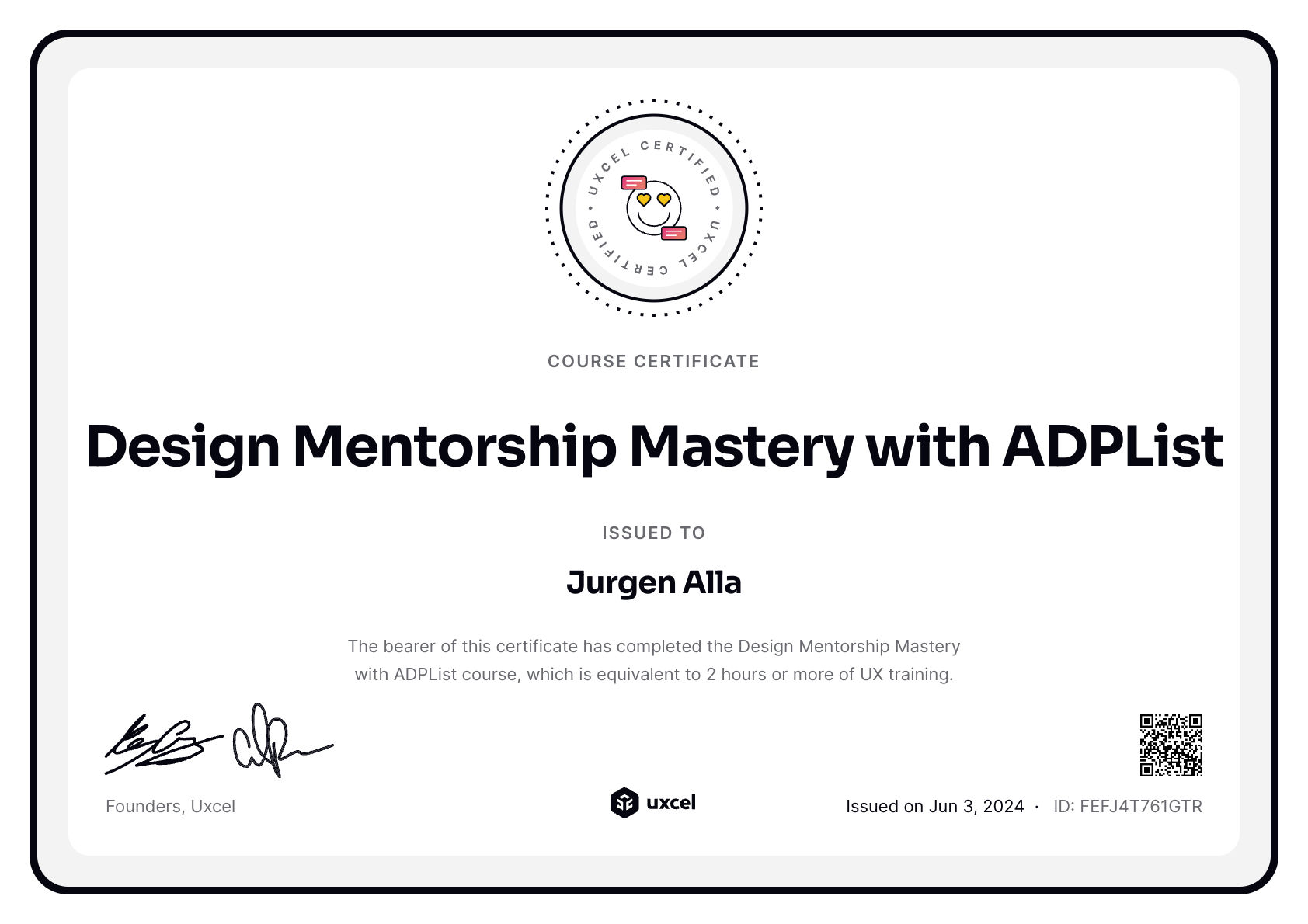 Jurgen Alla's certificate